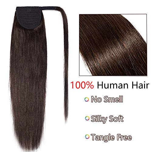 Silk-co Coleta Postiza Pelo Natural Velcro Clip 16" (40cm) 100% Remy Extensiones de Largas Lisas Cabello Humano Ponytail Hair Cola de Caballo (80g) [#2 Marrón Oscuro]