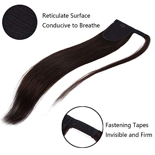 Silk-co Coleta Postiza Pelo Natural Velcro Clip 16" (40cm) 100% Remy Extensiones de Largas Lisas Cabello Humano Ponytail Hair Cola de Caballo (80g) [#2 Marrón Oscuro]