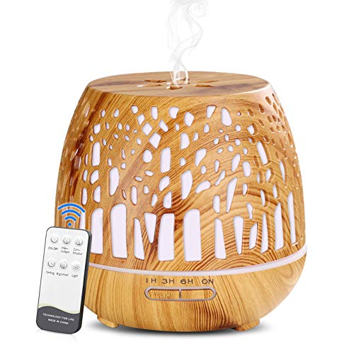 Simpeak Humidificador Ultrasónico y Difusor de Aroma 400ml, atomizador de fragancia ultrasónico LED con control remoto-Bosque tallado, Marrón claro