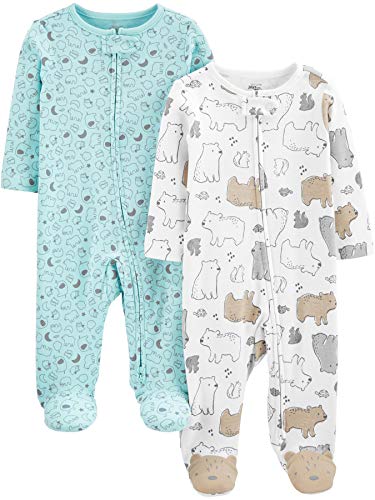 Simple Joys by Carter's Neutral 2-Pack Cotton Footed Sleep and Play Pijamas para bebés y niños pequeños, Oso/Estampado de Animales, Prematuro, Pack de 2
