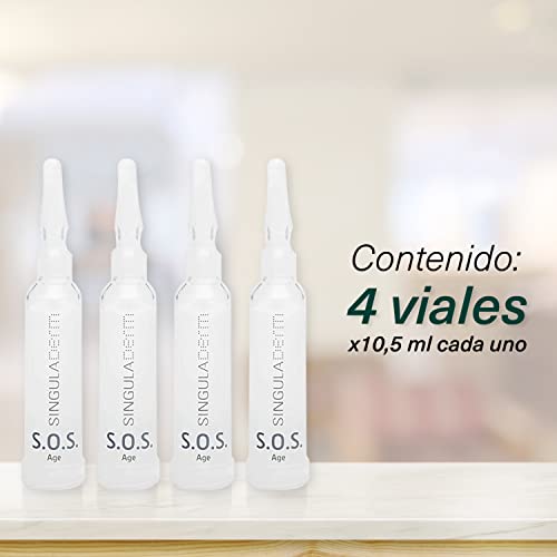 Singuladerm - S.O.S Age 4 viales x 10,5 ml cada uno - Sérum antiedad con Factores de Crecimiento Naturales y Ácido Hialurónico para pieles maduras