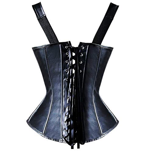 SLIMBELLE® Mujer Corsé de Cuero Negro Pirata Gótico Steampunk Bustier Medieval Burlesque Corsés de Piel Chaleco Modeladora Sexy Lencería Talla Grande Corset con G-String & Correas de Hombro