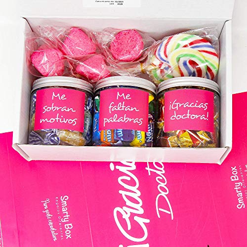 SMARTY BOX Regalo para Doctora, Regalo Original para Médico Mujer, Médica, Caja de Caramelos y Gominolas Sin Gluten, con Frases de agradecimiento, Golosinas Chuches, Chucherías Dulces