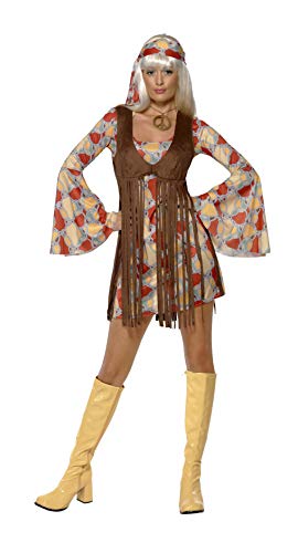 Smiffys-39435L Disfraz de chica guay de los 60, con vestido y chaleco de flecos, color estampado, L-EU Tamaño 44-46 (Smiffy's 39435L) , color/modelo surtido