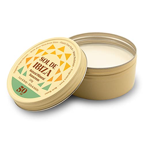 Sol De Ibiza Plastic Free - Protector Solar Mineral Natural SPF50 - Cara & Cuerpo - Ingredientes Naturales - Óxido de Zinc Non Nano - Vegano - Resistente al agua - Deportes - Adultos & Niños - 100g