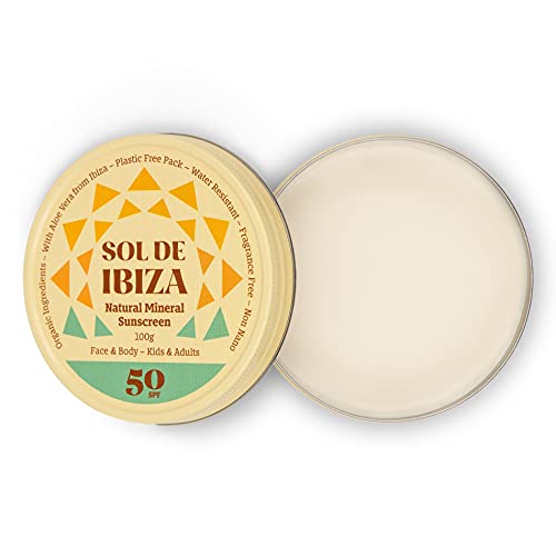 Sol De Ibiza Plastic Free - Protector Solar Mineral Natural SPF50 - Cara & Cuerpo - Ingredientes Naturales - Óxido de Zinc Non Nano - Vegano - Resistente al agua - Deportes - Adultos & Niños - 100g