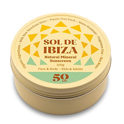 Sol De Ibiza Plastic Free - Protector Solar Mineral Natural SPF50 - Cara & Cuerpo - Ingredientes Naturales - Óxido de Zinc Non Nano - Vegano - Resistente al agua - Deportes - Adultos & Niños - 100g