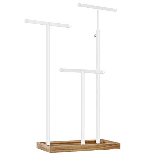 SONGMICS 2-en-1 Soporte para Joyas, Árbol de Joyas con 3 Barras de Metal en Forma de T con Agujeros y Bandeja, Ajustable para Collares, Pendientes, Anillos, Marrón Rústico y Blanco JJS016W01