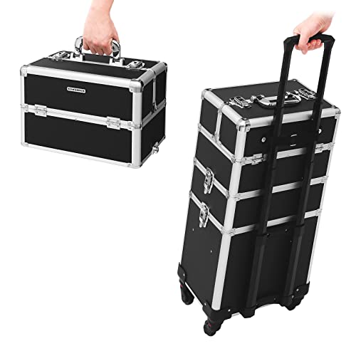 SONGMICS Maletín de Cosméticos, Organizador para Maquillaje, Multiuso, Tipo Trolley, con 4 Ruedas, Negro JHZ01B