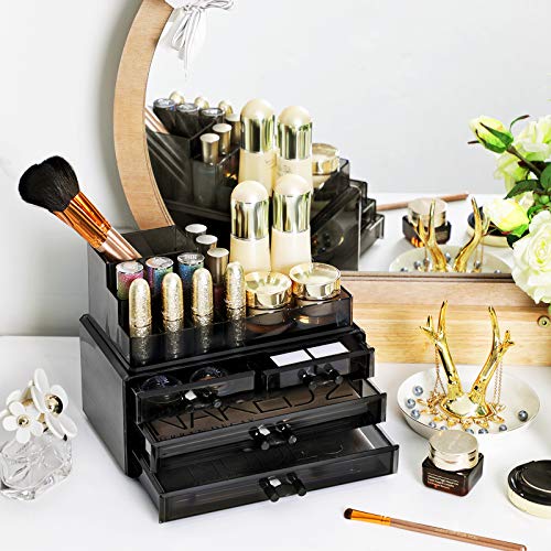 SONGMICS Organizador Cosmético, Estuche de Maquillaje con 4 Cajones y 11 Compartimentos de Diferentes Tamaños, Esteras Antideslizantes, Maquillaje y Joyería, Negro JKA00BK