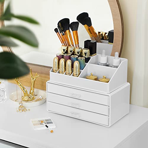 SONGMICS Organizador de Maquillaje, Estuche de Cosméticos con 3 Cajones y 15 Compartimentos de Diferentes Tamaños, Alfombrillas Antideslizantes, Blanco JKA002WT