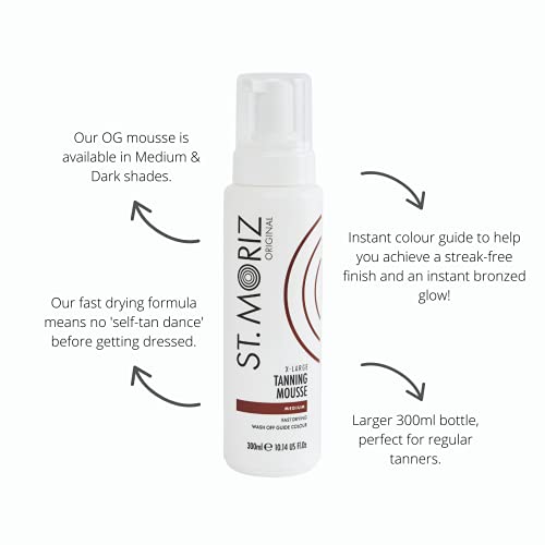 St Moriz Original - Espuma de bronceado instantáneo, secado rápido, vegana, bronceado artificial, color medio tamaño extragrande (300 ml)