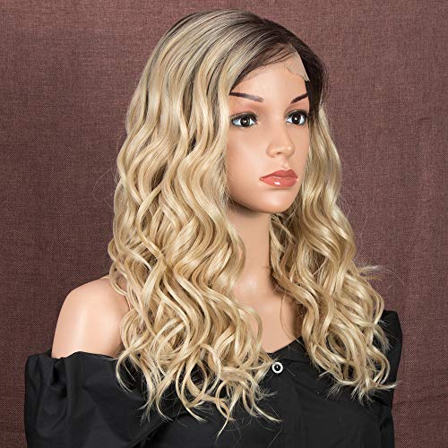 Style Icon Peluca frontal de encaje para mujeres blancas de 45,7 cm Ombre rubio marrón raíces resistentes al calor pelucas de fibra sintética natural ondulado peluca con gran área "L" mono encaje