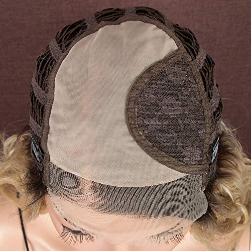 Style Icon Peluca frontal de encaje para mujeres blancas de 45,7 cm Ombre rubio marrón raíces resistentes al calor pelucas de fibra sintética natural ondulado peluca con gran área "L" mono encaje