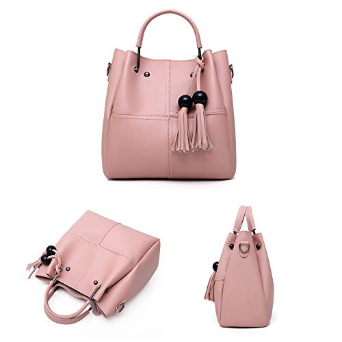 SUQ 3 Piezas Bolsos Mujer, Bolsos De Cuerpo Cruzado Mujer, Bolso Bandolera, Bolso de cuero de la PU de la Manera + Bolso De Hombro + Monedero Bolso, Tote Grande De Hombro Bolsos PU Cuero, Rosa