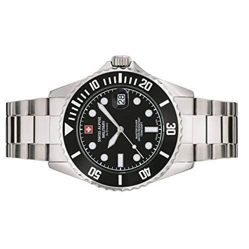 Swiss Alpine Military Master-Diver 7053.1 - Reloj de pulsera analógico para hombre, mecanismo de cuarzo, acero inoxidable, Acero/Negro/Negro – 1137sam., Pulsera