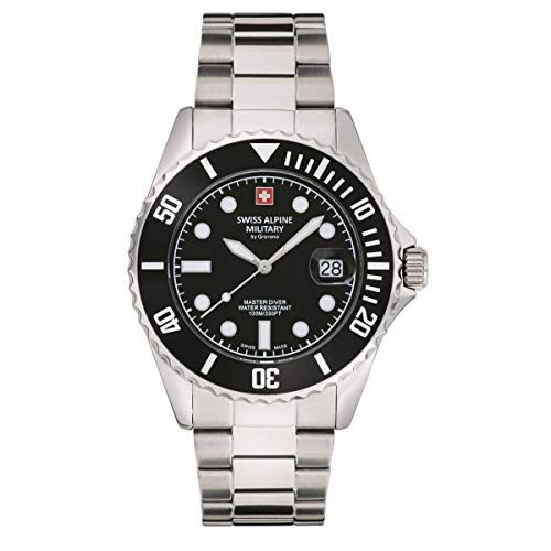 Swiss Alpine Military Master-Diver 7053.1 - Reloj de pulsera analógico para hombre, mecanismo de cuarzo, acero inoxidable, Acero/Negro/Negro – 1137sam., Pulsera