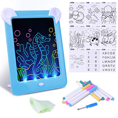 Tableta de Escritura LED Pizarra Mágico con Luz para Niños, Tablero de Dibujo Mágico con Luces, Juguete Educativo Infantil Dibujo de Graffiti Luminoso, Creativa Pizarra con 10 Tarjeta de Graffiti,Azul