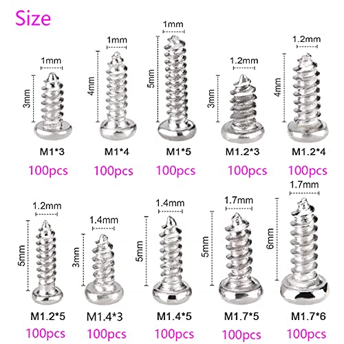 TAIANJI Juego de 1000 mini tornillos autorroscantes pequeños tornillos plateados juego de tornillos M1 M1.2 M1.4 M1.7 para gafas, relojes, teléfonos, cámaras, portátiles, etc.