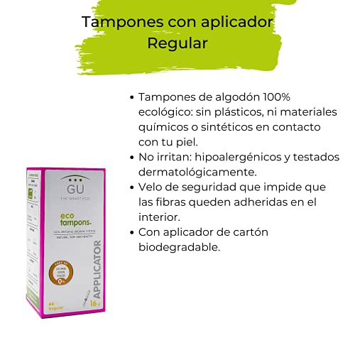 Tampones Naturales - 16 Unidades Hechos en Algodón Ecológico - Tamaño Regular con Aplicador Biodegradable - Libre de Cloro y Pesticidas - Excelente Absorción - Hipoalergénicos - GU Planet