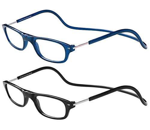 TBOC Pack: Gafas de Lectura Presbicia Vista Cansada – (Dos Unidades) Graduadas +2.50 Dioptrías Montura Azul y Negra Hombre Mujer Imantadas Plegables Lentes Aumento Leer Ver Cerca Cuello Imán