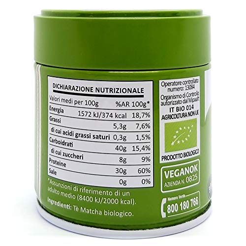 Té Verde Matcha Orgánico Ceremonial En Polvo. Biológico Japonés De 1 Grado. Matcha Bio Grado Ceremonia. Ecológico Producido En Japón, Uji, Kyoto. Para Beber, En a Cocina Y Con Latte. Lata De 30g