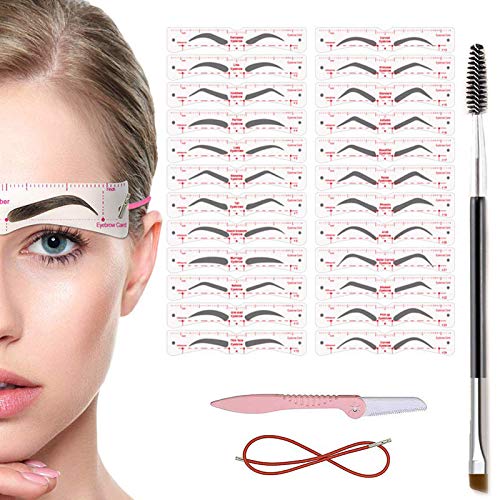 TEUVO Plantilla Cejas Kit para Principiante 3 Actas Maquillaje, 24 Estilos de Plantillas, 1 Cepillo Cejas y 1 Cuchilla Cejas, DIY Reutilizable Ceja Kit para Mujeres