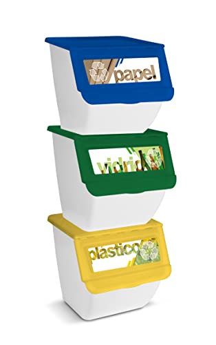 TIENDA EURASIA® Cubos de Basura de Reciclaje - Pack 3 Cubos Apilables de Cocina con Ruedas - Capacidad 36 L - Ideal para Reciclar ( Plástico - Papel - Vidrio ) (Blanco)