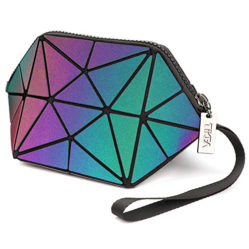 Tikea Bolsa Geométrica Luminosa Holográfica para Mujer, Caja de Maquillaje de Moda en Cuero Sintético, Bolsa de Cosmético Efecto Reflectante Plegable