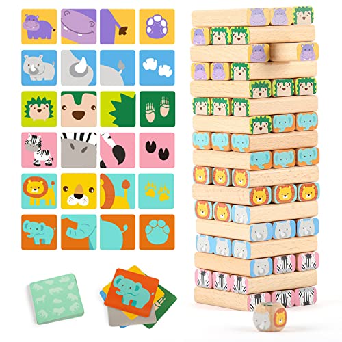 TOP BRIGHT Torre de Bloques de Madera Africa Safari – Juego de Mesa de Apilamiento 4 en 1 con Cartas, Guía de Construcción y Dado – Juego Educativo Familiar sobre Animales para Niños de 3+ Años