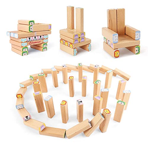 TOP BRIGHT Torre de Bloques de Madera Africa Safari – Juego de Mesa de Apilamiento 4 en 1 con Cartas, Guía de Construcción y Dado – Juego Educativo Familiar sobre Animales para Niños de 3+ Años