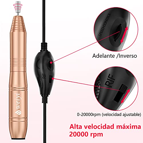 Torno para Uñas, Kit Para Uñas de Profesional USB Lima Electrica Uñas con Set de 11 Piezas de Brocas para Uñas de, Manicura y Pedicura Salón de Belleza en Casa (Dorado)