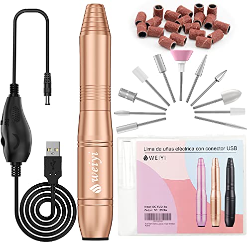 Torno para Uñas, Kit Para Uñas de Profesional USB Lima Electrica Uñas con Set de 11 Piezas de Brocas para Uñas de, Manicura y Pedicura Salón de Belleza en Casa (Dorado)