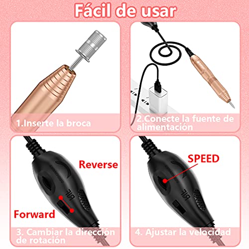 Torno para Uñas, Kit Para Uñas de Profesional USB Lima Electrica Uñas con Set de 11 Piezas de Brocas para Uñas de, Manicura y Pedicura Salón de Belleza en Casa (Dorado)