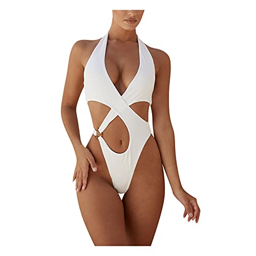 Traje de Baño de Una Pieza Sexy con Correa Color Sólido de Correa Cruzada Recortado de Talla Grande para Mujer, Bañador Escote en V Ropa de Baño Halter Bikini Push Up Monokini(A Blanco,S)