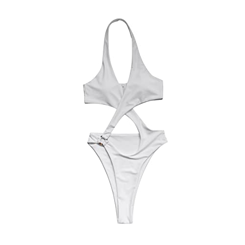 Traje de Baño de Una Pieza Sexy con Correa Color Sólido de Correa Cruzada Recortado de Talla Grande para Mujer, Bañador Escote en V Ropa de Baño Halter Bikini Push Up Monokini(A Blanco,S)