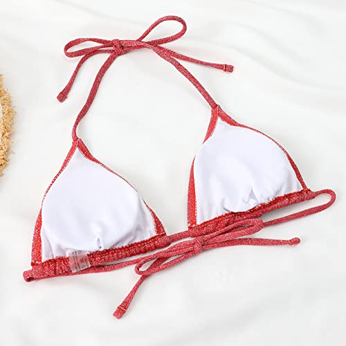 Traje de Baño Dividido 2 Piezas sin Espalda para Mujer con Estampado de Lentejuela Top Corto de Tirantes Ajustables Braga de Baño de Triángulo Conjunto de Bañador con Cordón(A Rojo,S)