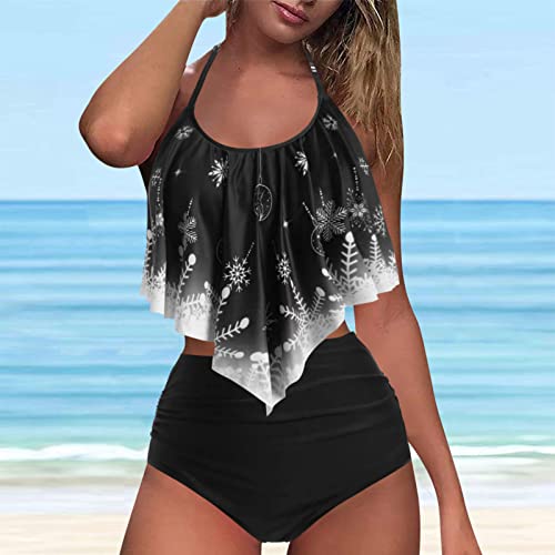 Traje de Baño Mujer Tankini Baño de Malla para Conjunto de Bikinis Dos Piezas Bikini de Cintura Alta Hawai impresión Push Up deporte Ropa de Playa Beachwear Bañador Tallas Grandes(B Negro,L)