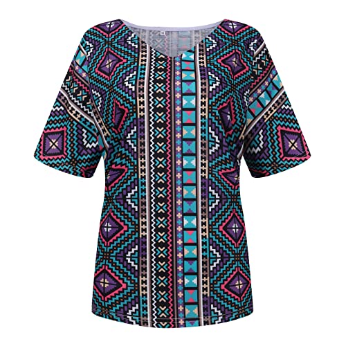 Tuaygm Camiseta de manga corta para mujer, para verano, suelta, túnica, blusa, blusa, etro, informal, con diseño de flores, para verano, C-azul oscuro., 6 1/2 HS