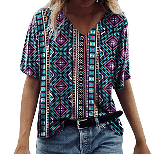 Tuaygm Camiseta de manga corta para mujer, para verano, suelta, túnica, blusa, blusa, etro, informal, con diseño de flores, para verano, C-azul oscuro., 6 1/2 HS