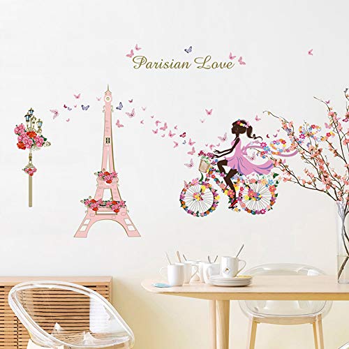 ufengke Pegatinas de Pared Niña Bicicleta Vinilos Adhesivos Pared Flores Torre Eiffel Decorativos para Dormitorio Habitación Infantiles