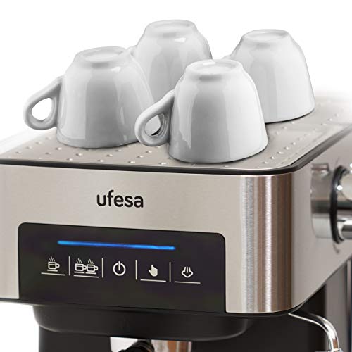 Ufesa CE7255 Cafetera Expresso y Capuccino con Panel Táctil Digital, Vaporizador Orientable, 20 Bares, 2 Modos: Café Molido o Monodosis, Depósito 1.6L, Función Calienta Tazas, 850W, Inox Digital