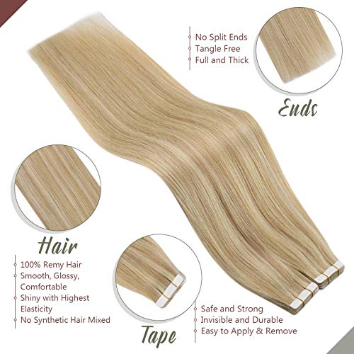 Ugeat 12 Pulgadas Extensiones de Cabello Natural Adhesivas Rubio Miel con Rubio Blanqueador #27/613 Tape in Extensiones de Pelo Invisible Extensiones Remy Natural Adesivas 30G 20PCS