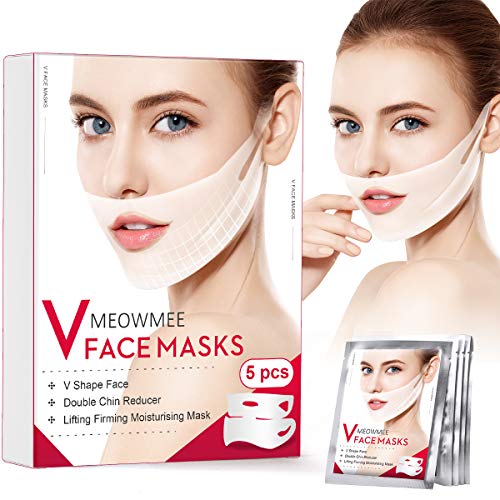 V Mascarilla, MEOWMEE Máscara V Line Reductor de Mentón Doble Mascarilla Intensiva de Elevación, Mascarilla Antiarrugas para Mentón para reafirmante Hidratante Rostro de cuello Paquete de 5