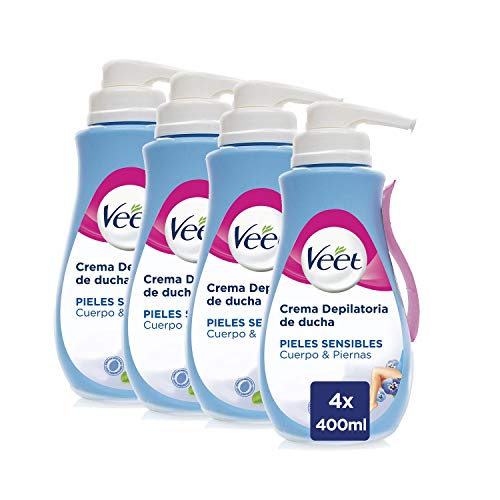 Veet Crema Depilatoria Corporal para usar bajo la ducha para Mujer Pack de 4 - Con Dosificador - Piel Sensible - 4x400ml