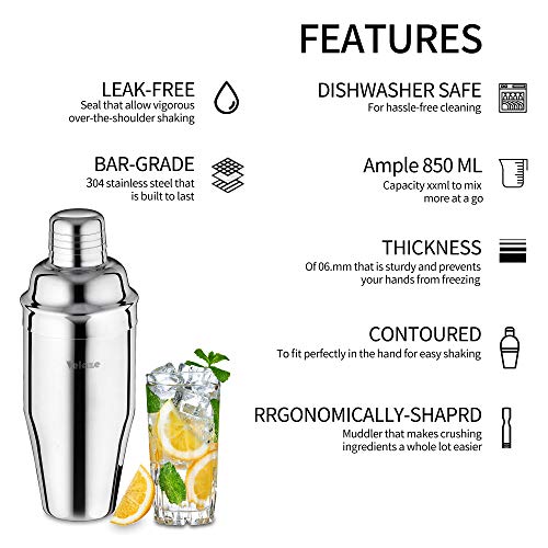 Velaze Coctelera Coctéles Juego, Set Cocktail Shaker Kit Profesional para Barman, Juego 10 Piezas Accesorios de Cóctel de Acero Inoxidable SUS304 para Martini Gin Tonic Mojito - Plata (850 ml)