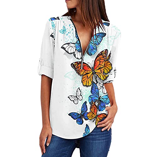 VEMOW Blusas y Camisa Mujer Vaquera Sexy Camisetas de Tops Cremallera Mangas Ajustables Blusas Cuello en V Ropa, Elegantes Moda Corazón Impreso Camisa Suelta Tops Jerseys Casual Blusas(E Blanco,L)