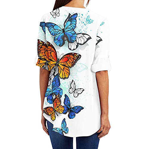 VEMOW Blusas y Camisa Mujer Vaquera Sexy Camisetas de Tops Cremallera Mangas Ajustables Blusas Cuello en V Ropa, Elegantes Moda Corazón Impreso Camisa Suelta Tops Jerseys Casual Blusas(E Blanco,L)