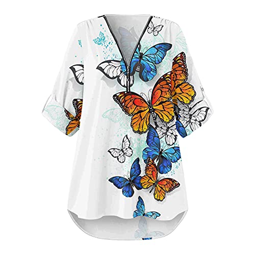 VEMOW Blusas y Camisa Mujer Vaquera Sexy Camisetas de Tops Cremallera Mangas Ajustables Blusas Cuello en V Ropa, Elegantes Moda Corazón Impreso Camisa Suelta Tops Jerseys Casual Blusas(E Blanco,L)