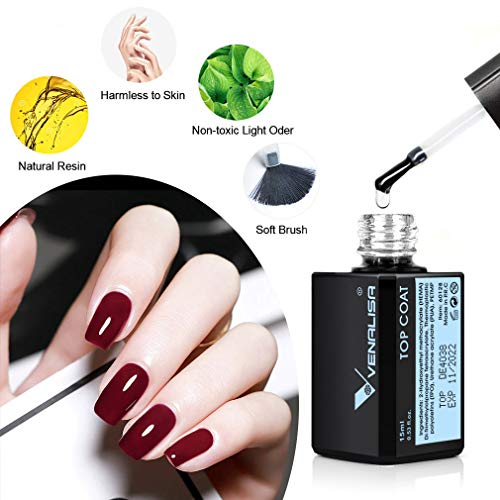 VENALISA 15ml Top Coat High Gloss Gel Nail Polish Long Lasting No Wipe Tempered Top Coat Soak Off UV LED Nail Gel Polish Nail Art Starter Manicure Salon DIY at Home, 0.53 OZ